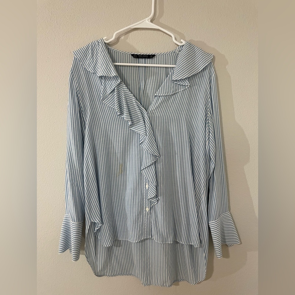 Zara blue stripe ruffle button down shirt